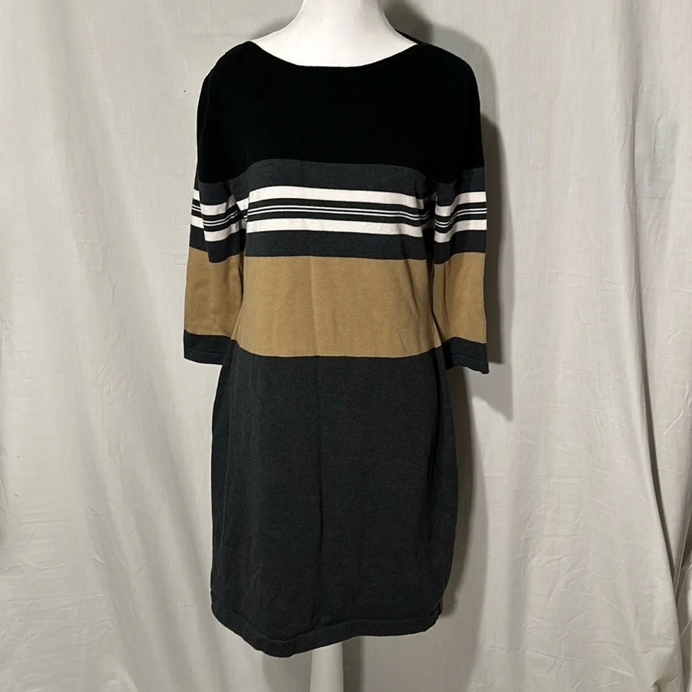 black tan white gray striped colorblock Calvin Klein sweater dress size large